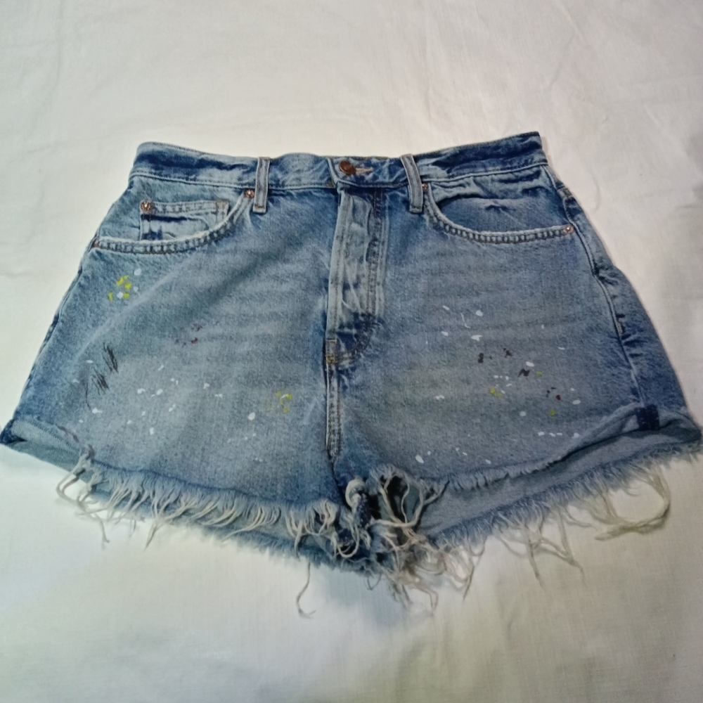 🦋Free People We The Free Lasso Short Blue Cut Off Button Fly Paint Splatter 28